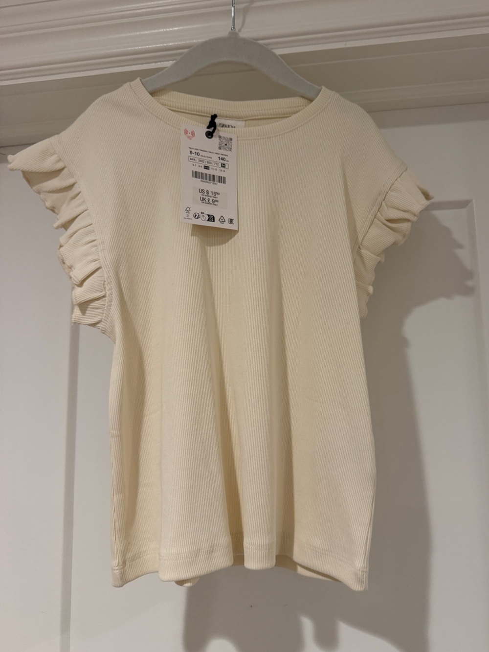 Zara Cream Ruffle Sleeve Ribbed Tee